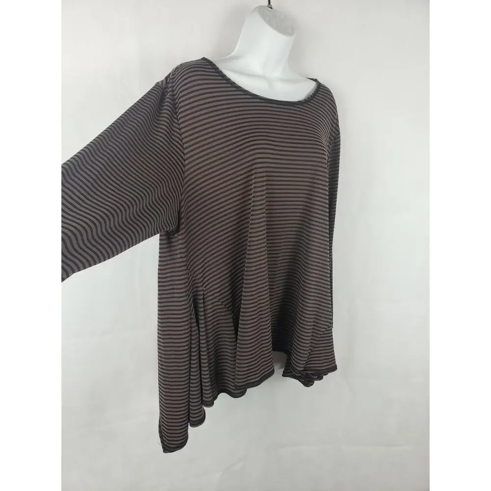 Sophia NYC Made in USA XL Stretch Top Black/Brown Stripes Lagenlook‎ Ruffled